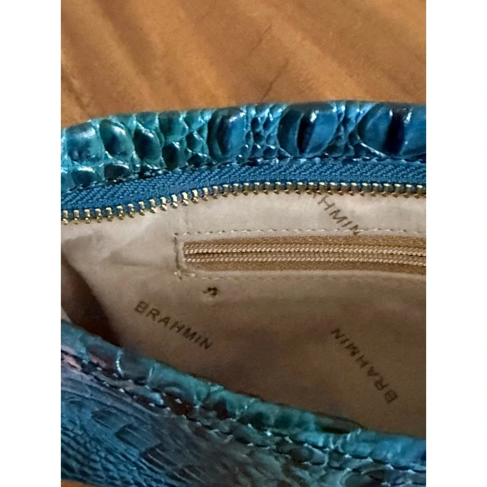 Brahmin Melbourne Peacock Blue Croc Embossed Leather Wristlet Clutch Wallet